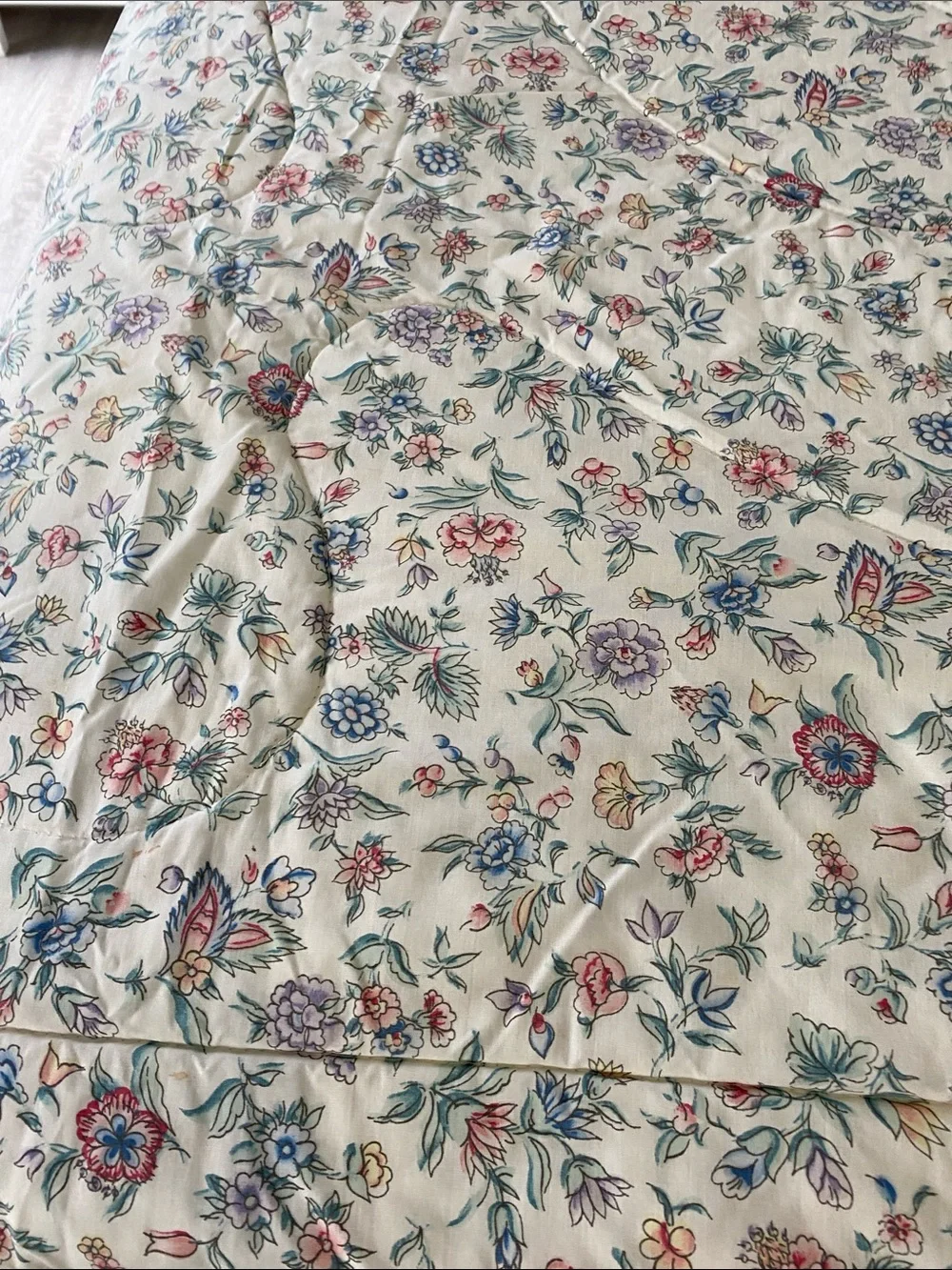 Laura Ashley Cream Floral Quilted Comforter‎ Blue Piping and Pink Blooms Vintage
